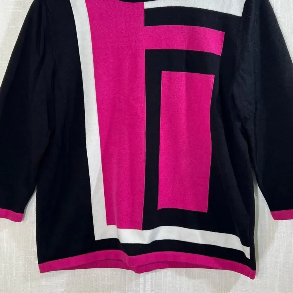 Alfred Dunner Abstract Color Block Pink Black White‎ Retro Knit Sweater Sz S